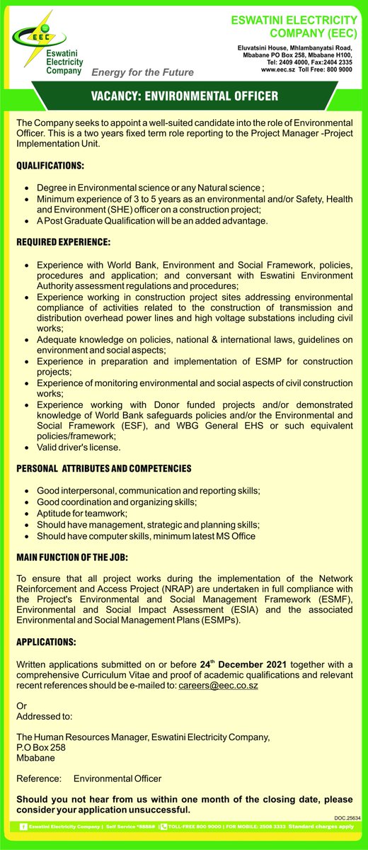 EecEswatini's tweet photo. VACANCIES: Environmental Officer, Safety Officer and Social Standards Officer.
These are two year fixed term contracts reporting to the Project Manager - Project implementation Unit. https://t.co/IQU6Luz1fl