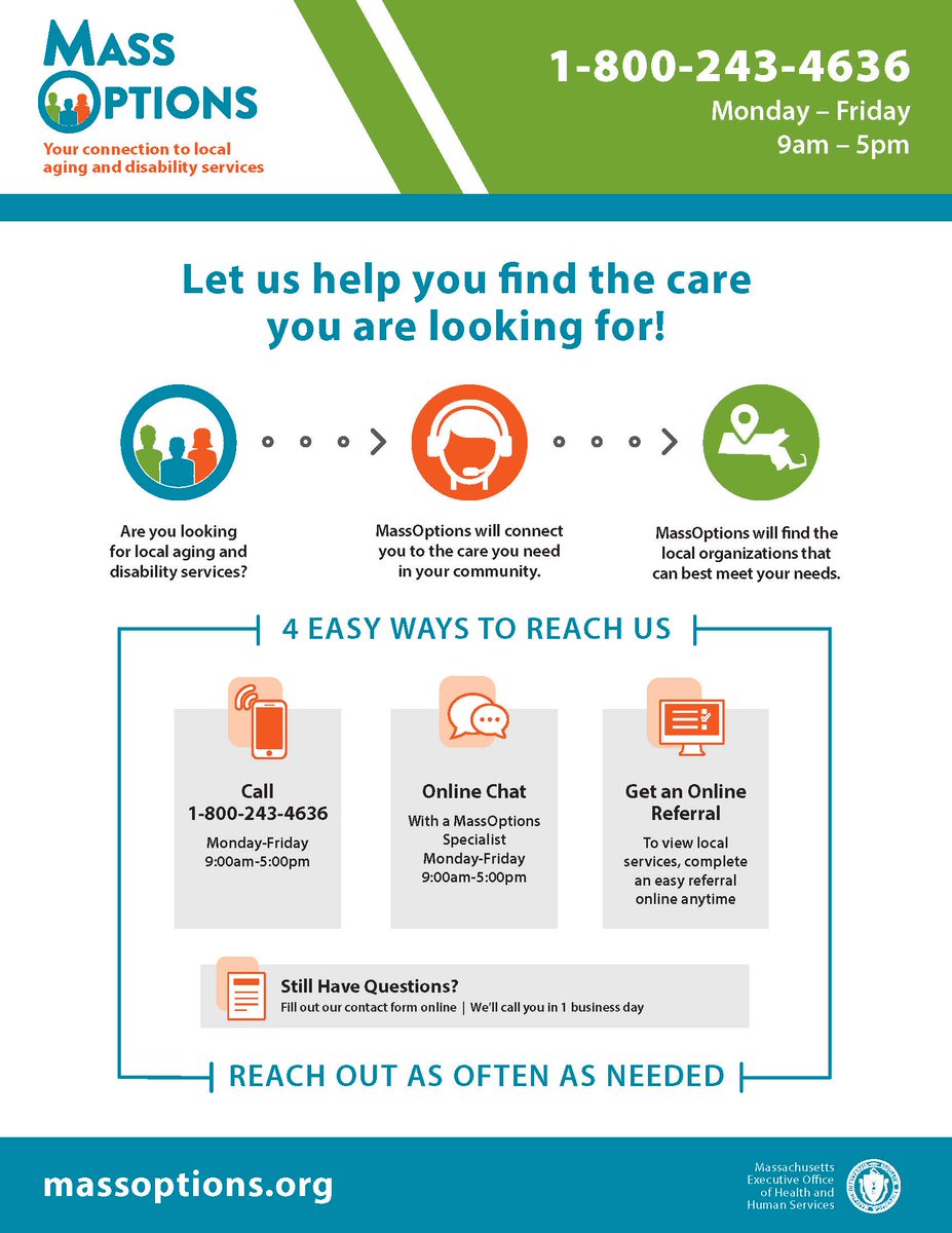 ESWAorg's tweet photo. #MassOptions will connect you to the care you need in your community and will find the local organization that can best meet your needs. https://t.co/rjBlA8JUTR #Information #Referral #Massachusetts https://t.co/kTVTgHQSr3