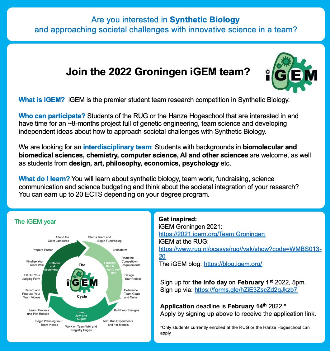 Sonja Billerbeck (@billerbeck_s) on Twitter photo Time to start <a href="/iGEM/">iGEM Headquarters</a> 2022 at <a href="/univgroningen/">University of Groningen</a>! We are recruiting students for the new team. Sign up for the info evening on Feb 1st at 5pm via forms.gle/hZiE3ZscZd2qJk…
<a href="/ResearchGbb/">GBBResearch</a> @StratinghInst <a href="/BernoulliInsti2/">Bernoulli Institute</a> <a href="/ScienceLinX/">Science LinX-Faculty of Science and Engineering-UG</a> @2021Groningen @AfteriGEM Time to start <a href="/iGEM/">iGEM Headquarters</a> 2022 at <a href="/univgroningen/">University of Groningen</a>! We are recruiting students for the new team. Sign up for the info evening on Feb 1st at 5pm via forms.gle/hZiE3ZscZd2qJk…
<a href="/ResearchGbb/">GBBResearch</a> @StratinghInst <a href="/BernoulliInsti2/">Bernoulli Institute</a> <a href="/ScienceLinX/">Science LinX-Faculty of Science and Engineering-UG</a> @2021Groningen @AfteriGEM