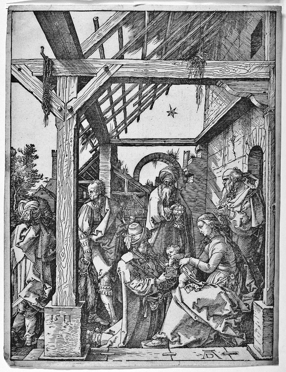 Epiphany is the feast when we remember the visit of the Magi (or the three Kings) to the infant Christ. The moment is represented here in Albrecht Dürer’s sumptuous 1511 woodcut where we can see their gifts reimagined as Renaissance treasures. [Prints 050.013]