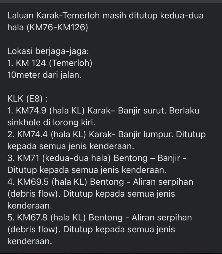 LPTTrafik's tweet image. KEMASKINI 
Laluan terhalang Lebuhraya KL-Karak &amp;amp; LPT 1 
20/12/2021 @ 10.30pm