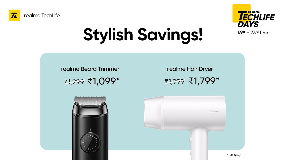 realmenarzoIN's tweet photo. Get ready for the party season with the #realmeHairDryer &amp; #realmeBeardTrimmer!

Bring home #YourStyleExpert at superb prices* from the #realmeTechLifeDays Sale.

*T&amp;C Apply

Available on https://t.co/n3vAbwuqXx &amp; @Flipkart.
Buy now: https://t.co/DBy1htucQQ https://t.co/C31RiPx9TN