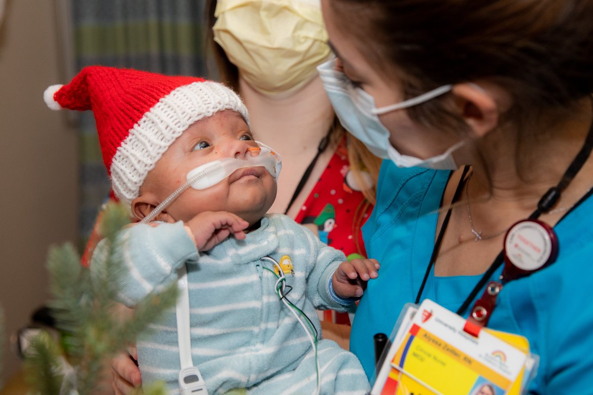 UHRainbowBabies's tweet photo. Arlo is the perfect hat model! Thank you to Grandma Pat in Pennsylvania for thinking of our tiniest patients this holiday season. Pat, whose granddaughter works in the UH Rainbow neonatal intensive care unit, knit a dozen Santa hats for our preemie patients. #ThisIsRainbow https://t.co/vz090c31rN