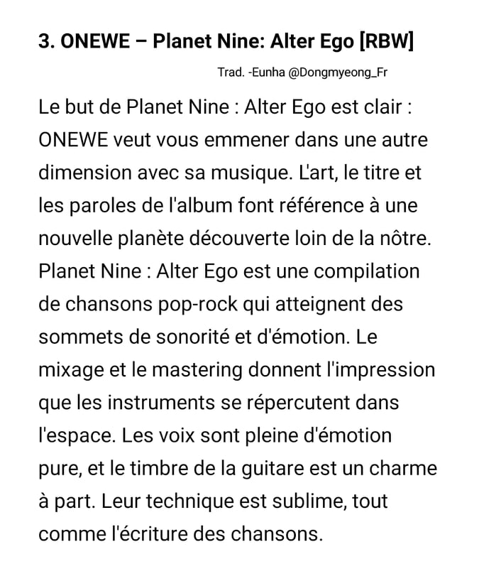 FanDongmyeongFr's tweet photo. [ARTICLE] 201221 | #ONEWE sont mentionnés dans l'article "Les 20 meilleurs albums de K-Pop de 2021" de Pop Matters publié fin novembre.

Traduction ⤵️

Cr. https://t.co/c3O9yiLTvw 
Trans. -Eunha
@official_ONEWE
#원위 #PlanetNine_AlterEgo https://t.co/r8smGtavFk