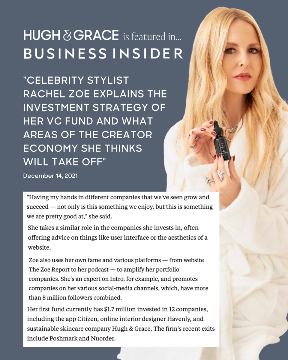 hughandgrace's tweet photo. Hugh &amp; Grace is featured in @businessinsider! 🤩

@rachelzoe is an investor and advisor for Hugh &amp; Grace. The  iconic celebrity stylist is also a total #boss, as told by this article that highlights the investment strategy of her Venture Capitalist fund.

Rachel is obsessed wit https://t.co/aisxcTUvtT