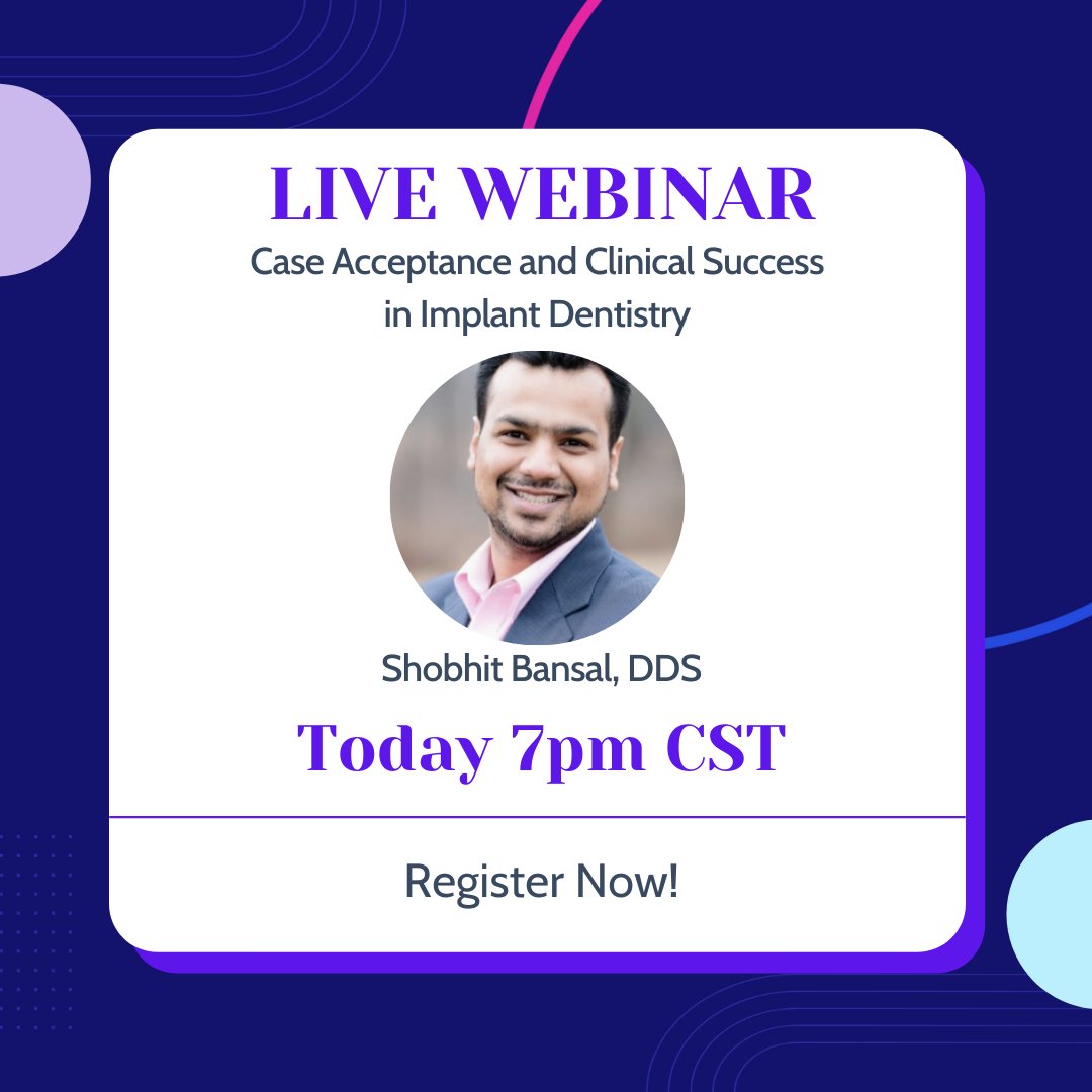 CatapultEdu's tweet photo. 📢HAPPENING TODAY

Join us for this free 1-hr live webinar hosted by Shobhit Bansal, DDS.

Case Acceptance and Clinical Success in Implant Dentistry

Register now: https://t.co/54pl60cVCs https://t.co/07on8qyxCH