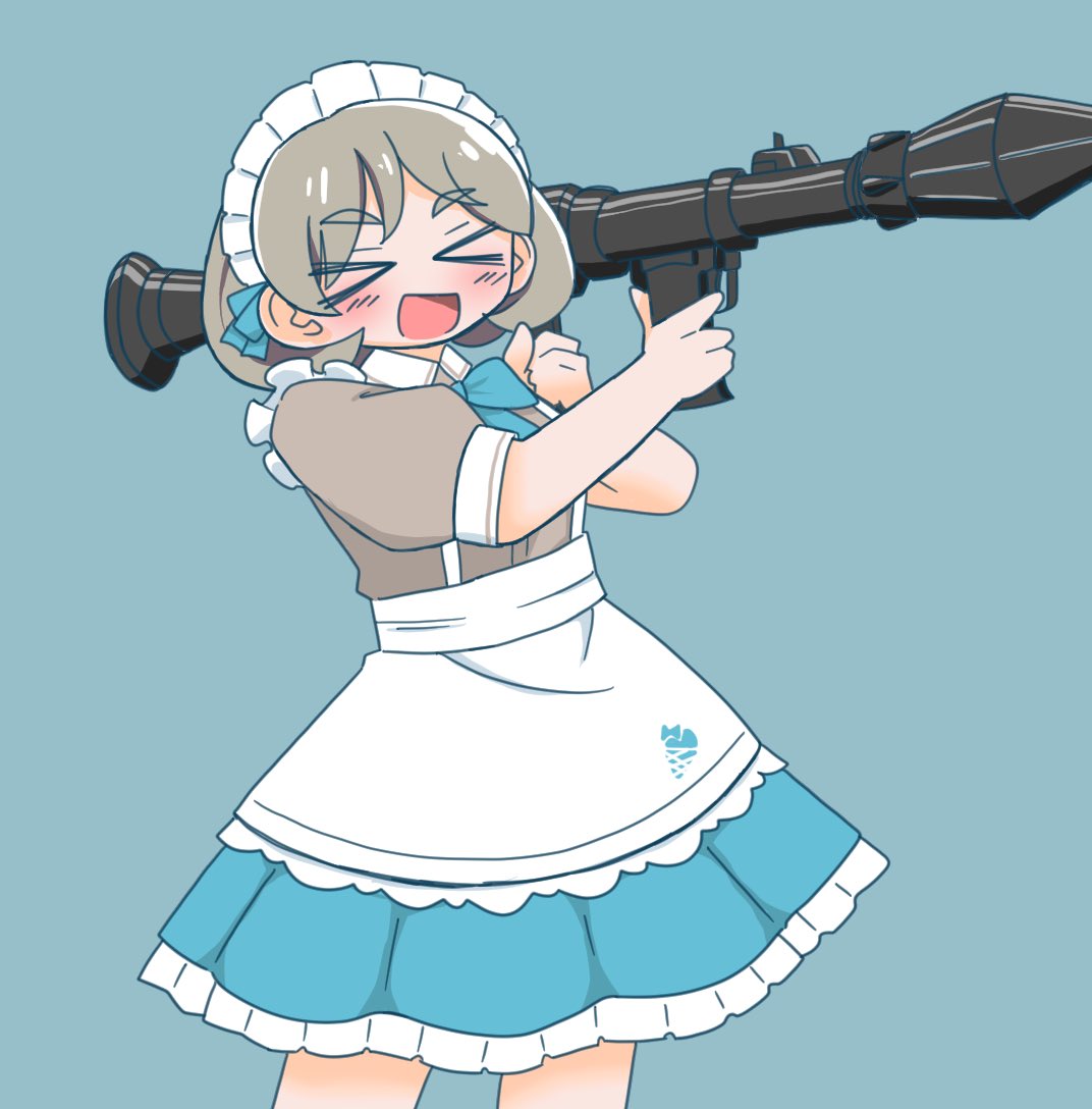 1girl maid headdress solo weapon apron > < gun  illustration images