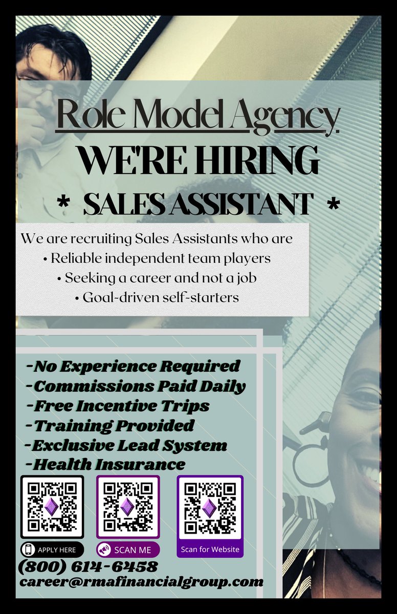 RMAFG's tweet image. Here at Role Model Agency, we strive for greatness in all things. Are you a motivated individual with a passion for sales? No experience is needed! Please feel free to pm me if you have are interested. #hiring, #recruitment, and #remoteworking #hiringnow #nowhiring #remotejobs