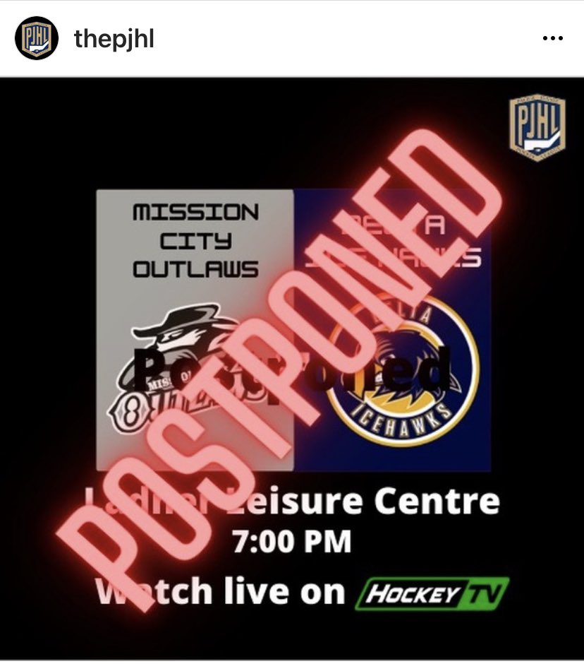 CThompson63's tweet photo. Game for tonight postponed @Outlaws_PJHL @MissionOutlaws https://t.co/0g5MsyWBGQ