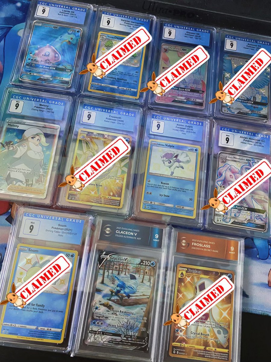gymleadergelly's tweet photo. ❄️SLABMAS GIVEAWAY #8❄️

5 left and glaceon alt is still there?! next winner rolled live 12/21! good luck yall!🤞

1️⃣ follow me @gymleadergelly
2️⃣ like &amp; retweet this
3️⃣ tag 3 pokemon fans

#pokemon #pokemoncards #pokemontcg #pokemongo #pokemongiveaways #pokemoncommunity #pokefam https://t.co/AspzujkTsp