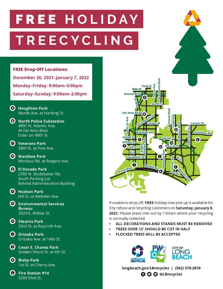 AsmPatODonnell's tweet photo. Here is some timely information on how, when and where to #recycle your Christmas tree. The City of #LongBeach will have 12 free drop-off sites from Dec. 26 to Jan. 7. Tree pickup is also available. More info here. https://t.co/gVVELBkGAR
@lbrecycles #treerecycle
#xmastreerecycle https://t.co/E6zKG7Ft1l