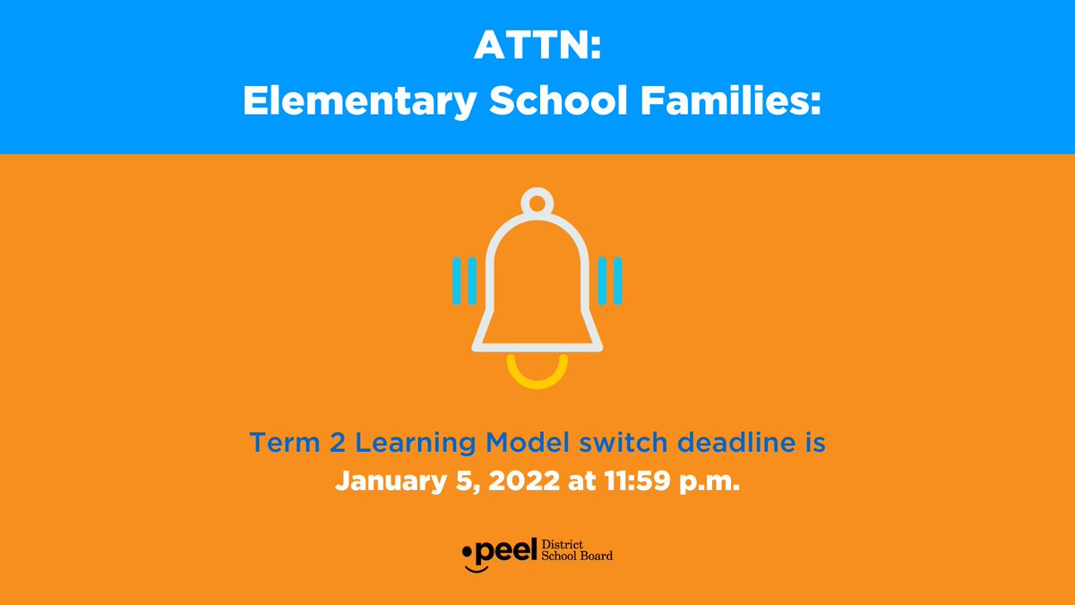 Attn PDSB Elementary School families: if you want to switch your learning model options you can fill out the online form available at peelschools.org/survey. 
The time to switch learning models for elementary school students is from December 6,2021- January 5, 2022 at 11:59 p.m.