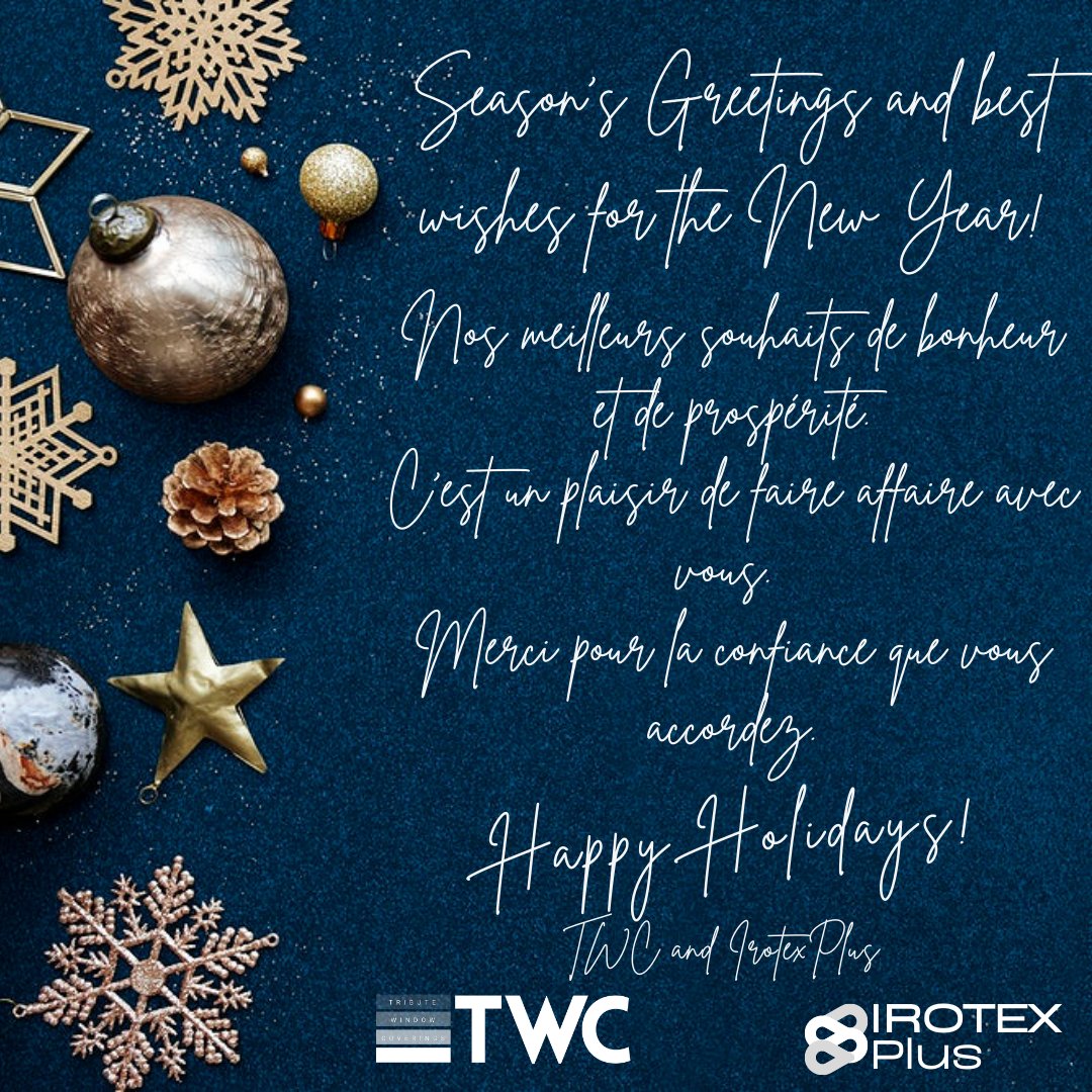 WindowTribute's tweet image. Happy holidays and a joyful new year - Joyeux fêtes et bonne année
The TWC and IrotexPlus Team
#mytwc #togetherwecan #happyholidays #holidays #newyear #instaholidays