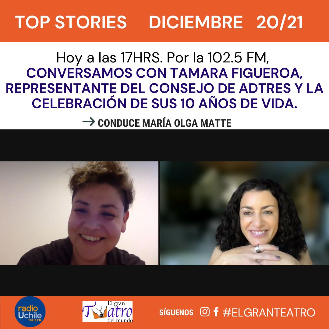 Hoy a las 17hrs. les invitamos a sintonizar el programa "El gran Teatro del Mundo" de <a href="/uchileradio/">Radio Universidad de Chile</a>
 donde participará nuestra compañera Tamara Figueroa, representante del Consejo de ADTRES, quien hablará sobre los #10añosADTRES.

▶️radio.uchile.cl/senal-en-vivo/