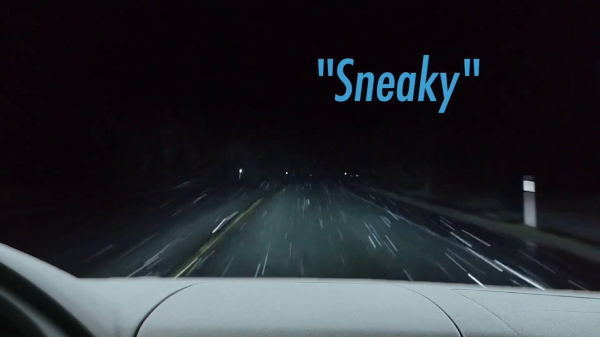Photo showing a dashboard and windshield with hazardous winter weather and the word “Sneaky” in the upper right corner.