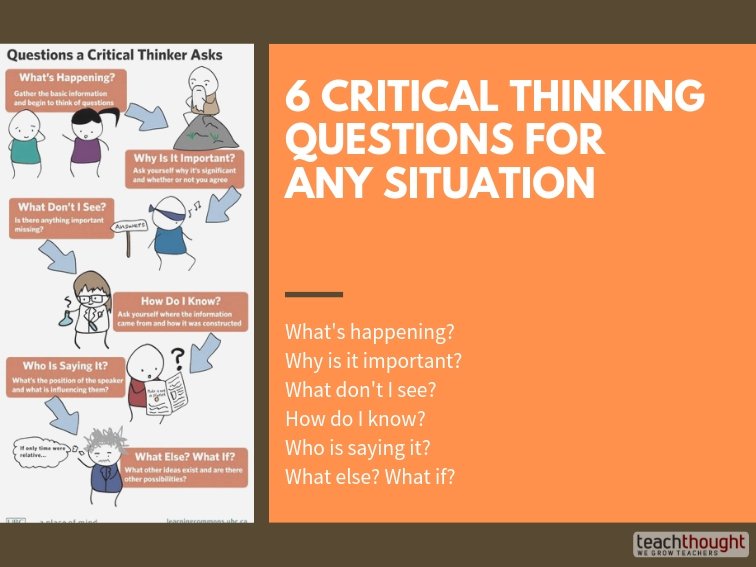 TeachThought's tweet photo. 6 Critical Thinking Questions For Any Situation -- The following graphic from learningcommons is most useful for its universal applicability via its simplicity–six basic questions that characterize critical thinking.  #criticalthinking #teaching #learning https://t.co/jb5fYAjVpm https://t.co/fIStq2ujGW