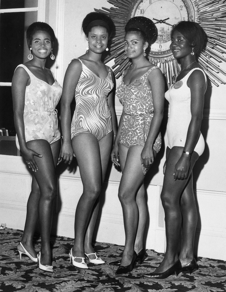African contestants of Miss World 1967 at their London hotel . -from left to right “ Miss Tanzania, Miss Uganda , Miss Nigeria , Miss Ghana” . photo by Leonard Burt/ @GettyImages #blackhistoryculturecollection