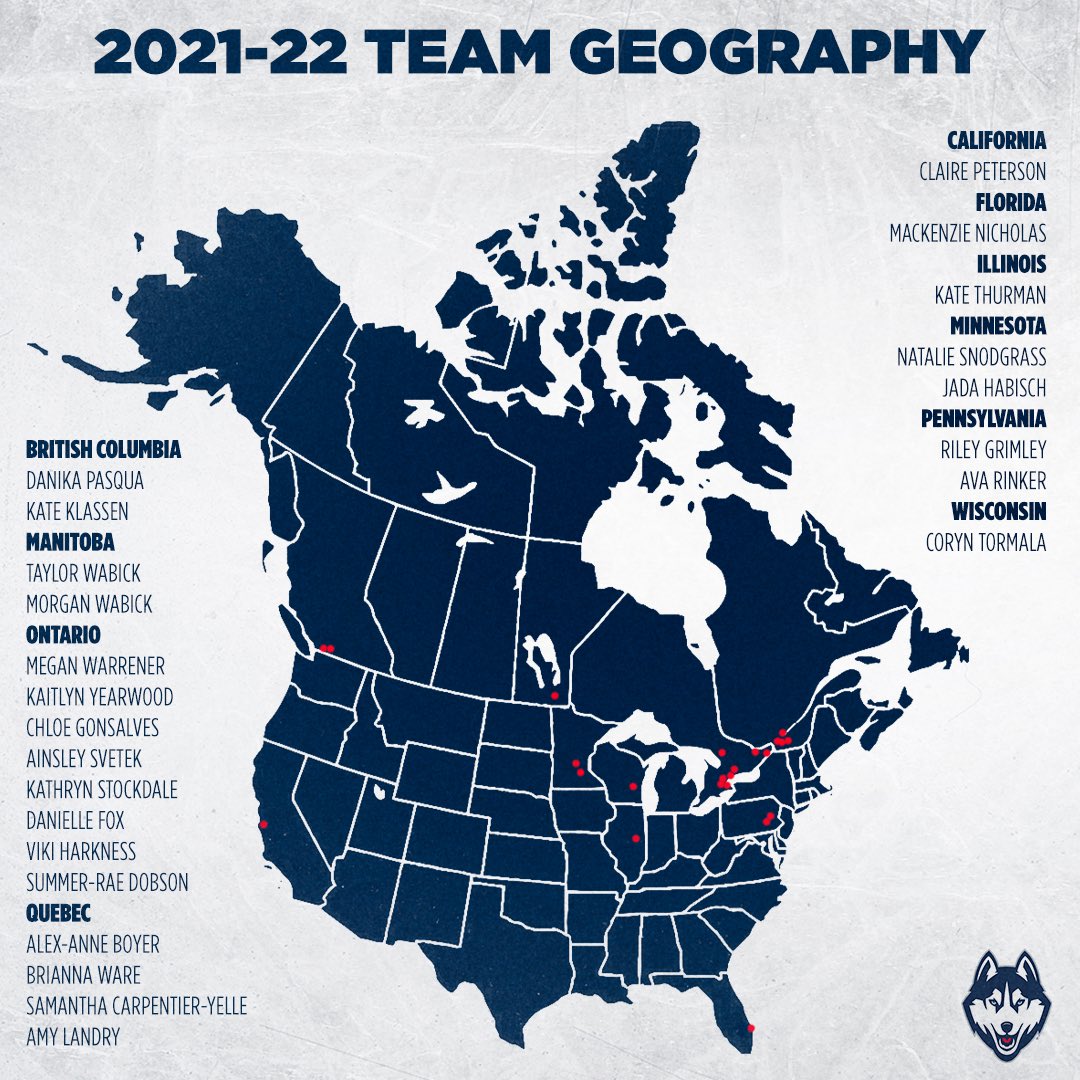 UConnWHOC's tweet photo. With our players now home for the holidays, we thought this is the perfect time to show you where they are all from! 📍🗺 https://t.co/n8d4m0aolh