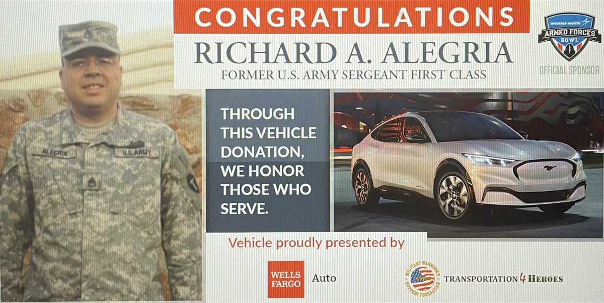 This Wednesday at the Armed Forces Bowl, <a href="/WellsFargo/">Wells Fargo</a> and <a href="/WarriorsSupport/">Military Warriors</a> will present the keys to a payment free #ElectricVehicle to Army veteran Richard A. Alegria. #transportation4heroes