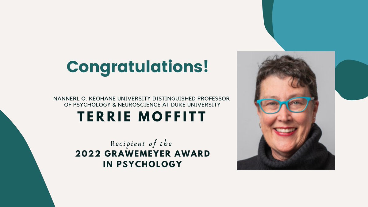 Duke Psychology & Neuroscience (@dukepsychneuro) on Twitter photo Congratulations to Terrie Moffitt, winner of the 2022 Grawemeyer Award in Psychology whose research over the past 25 years has provided insight on the nature of juvenile crime – leading to changes in how the courts prosecute juveniles. bit.ly/32nfXKl
<a href="/DukeU/">Duke University</a> <a href="/DukeTrinity/">Trinity College at Duke</a> Congratulations to Terrie Moffitt, winner of the 2022 Grawemeyer Award in Psychology whose research over the past 25 years has provided insight on the nature of juvenile crime – leading to changes in how the courts prosecute juveniles. bit.ly/32nfXKl
<a href="/DukeU/">Duke University</a> <a href="/DukeTrinity/">Trinity College at Duke</a>