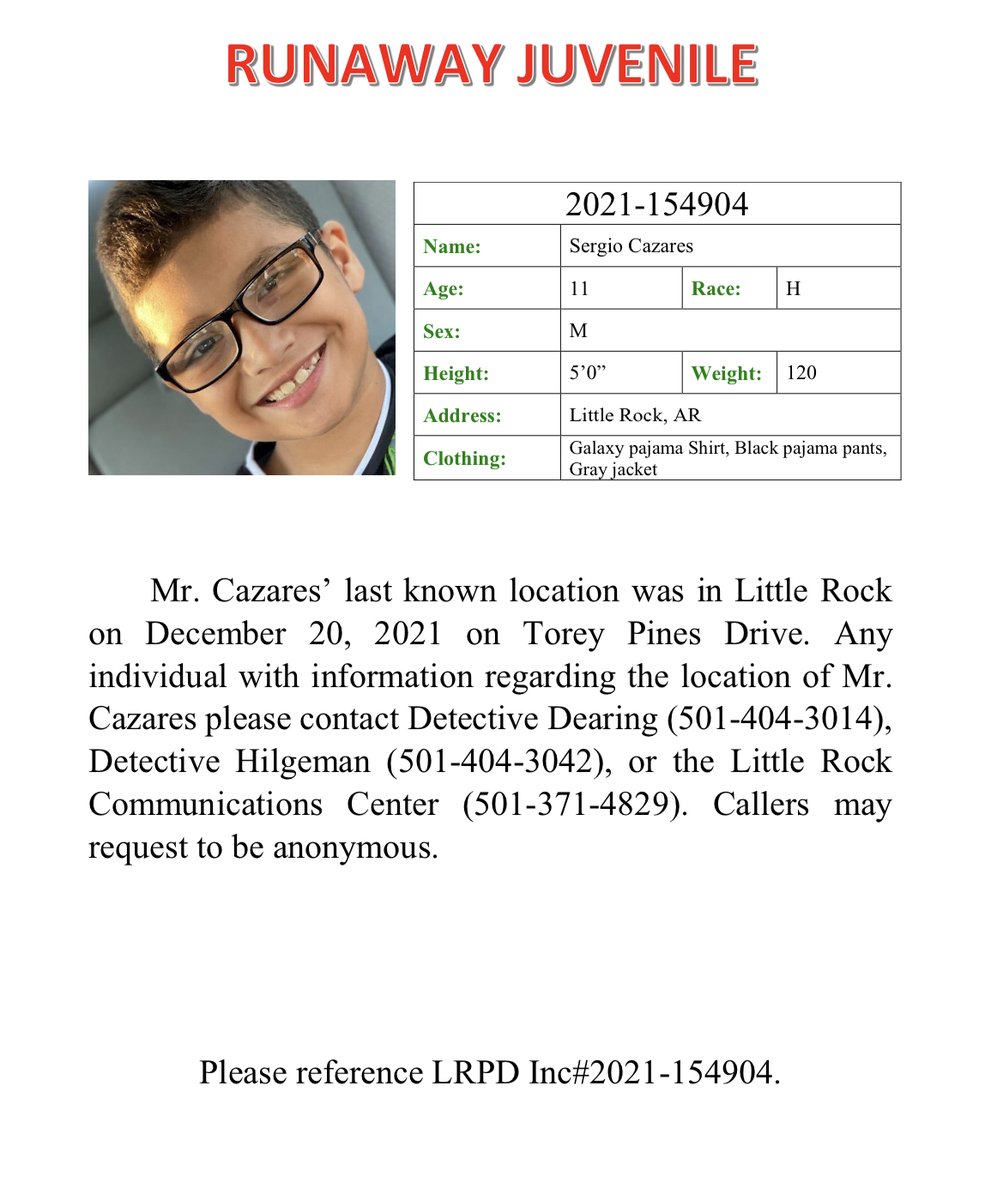 LRpolice's tweet photo. Help us locate Sergio . If you know of his whereabouts, contact us at 501-404-3014. https://t.co/pUF9Bqe5L4