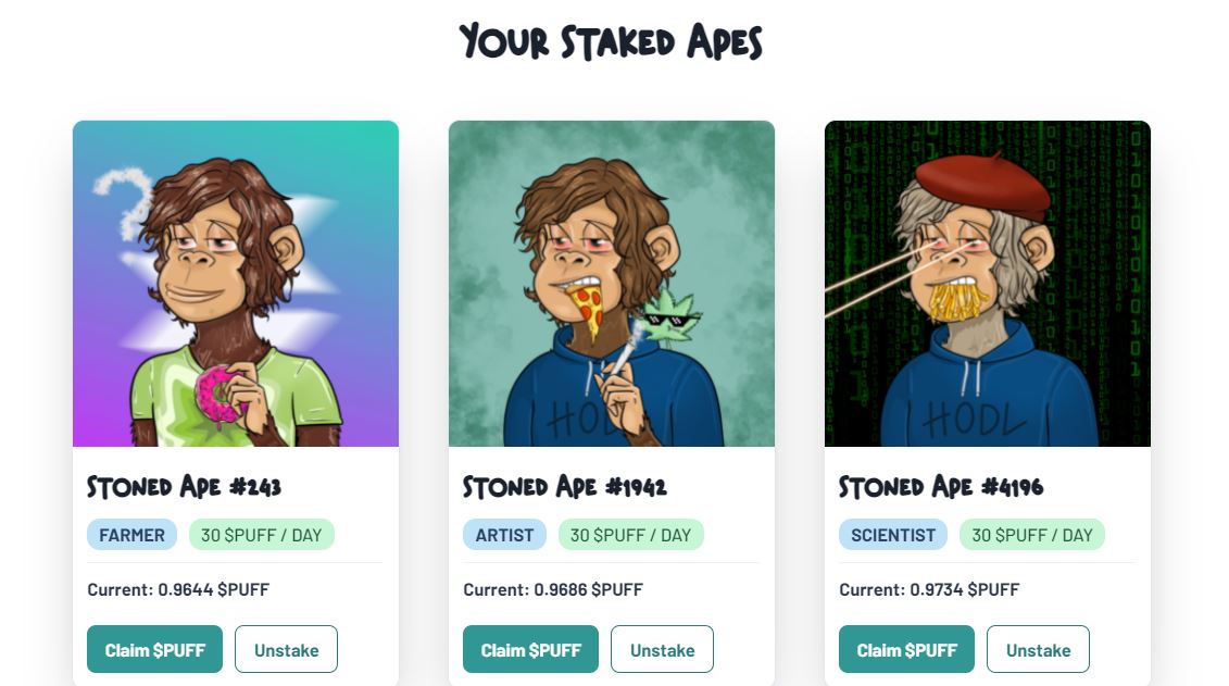 My Stoned Apes are back from retreat! All three of them gained a role (Farmer, Artist and Scientist). Now I will be earning double the $PUFF per day! LFG!!! <a href="/StonedApeCrew/">Stoned Ape Crew</a> #PuffPuff #Sol #Solana #NFT #NFTs #StonedApes