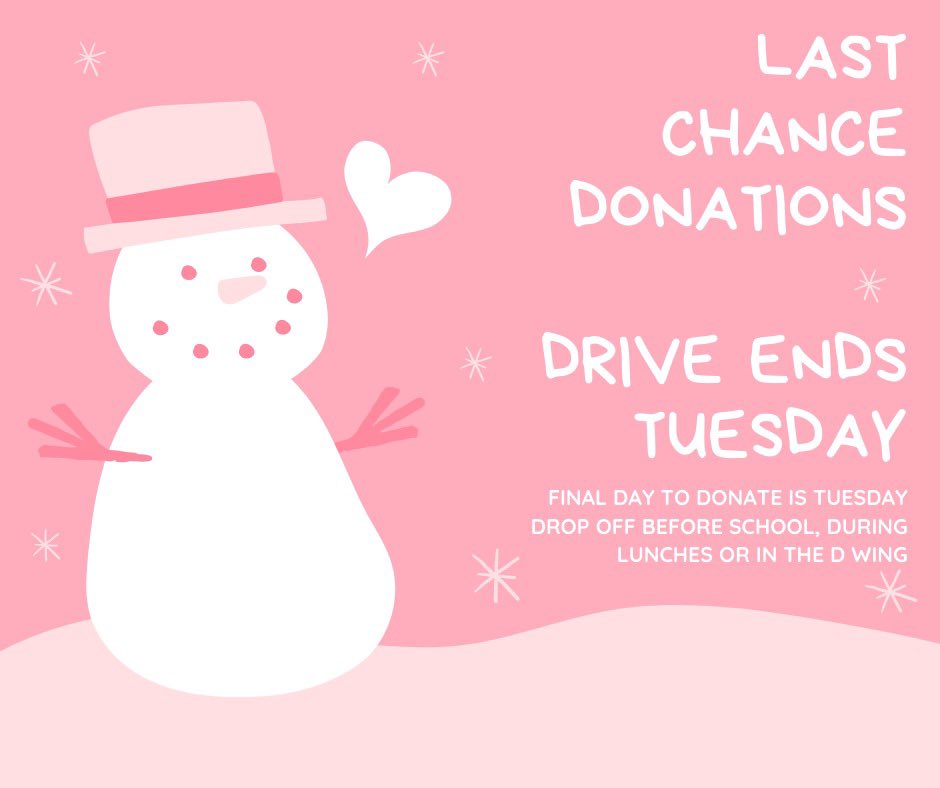 MWHS Students and parents, tomorrow is the last day to donate to the WeCAN holiday drive! Remember to bring in personal care, hygiene, paper, baby, and cleaning products - drop off in the D-wing, before school, or at lunch!