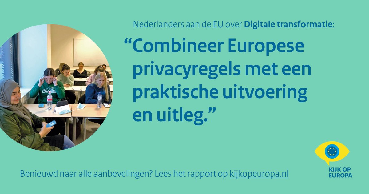 KijkopEuropa's tweet photo. Wat geven Nederlanders mee aan de EU🇪🇺over Digitale transformatie? #KijkopEuropa
👉'Combineer Europese privacyregels met een praktische uitvoering en uitleg.'

❓Benieuwd naar de andere aanbevelingen? Lees meer!
https://t.co/gaGwTTzgxg https://t.co/gB57L4uwaM