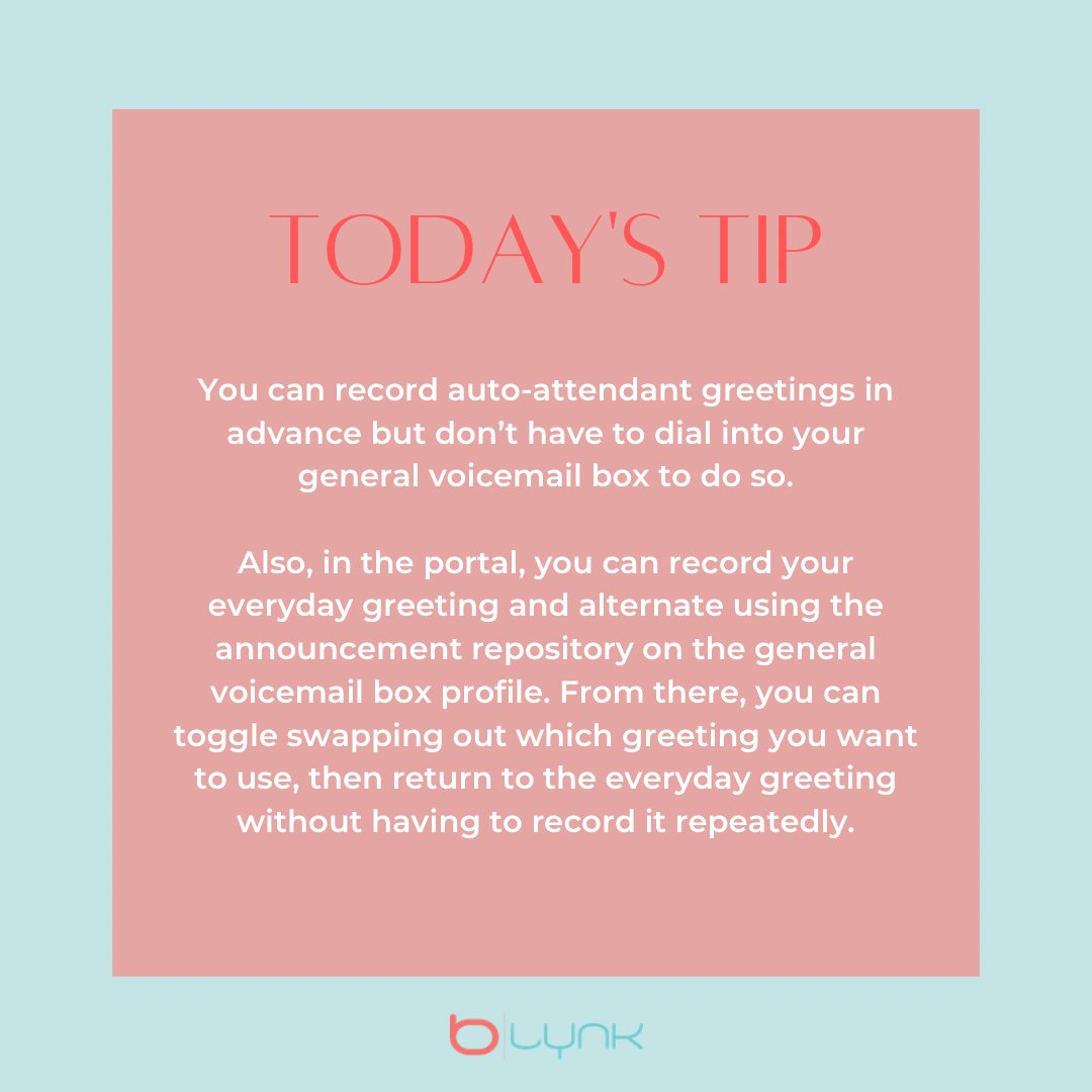 blynksolutions's tweet photo. Want to set up your auto-attendant or other greetings quickly and easily? Toggle between standard and special greetings without re-recording with this helpful #TipOfTheDay. #UCtraining #UC #UCaaS #cloudcomms #ucomms #training #greetingrecordings https://t.co/Bu1ZiSKN29