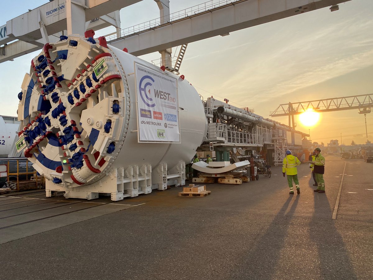 AeconGroupInc's tweet photo. After a journey across the Atlantic Ocean from Germany, the Tunnel Boring Machines that will dig the Eglinton Crosstown West Extension tunnel have arrived on Canadian soil! Read more and check out the photos  -> https://t.co/kcv636Axxb https://t.co/hCr0Cbmkjw
