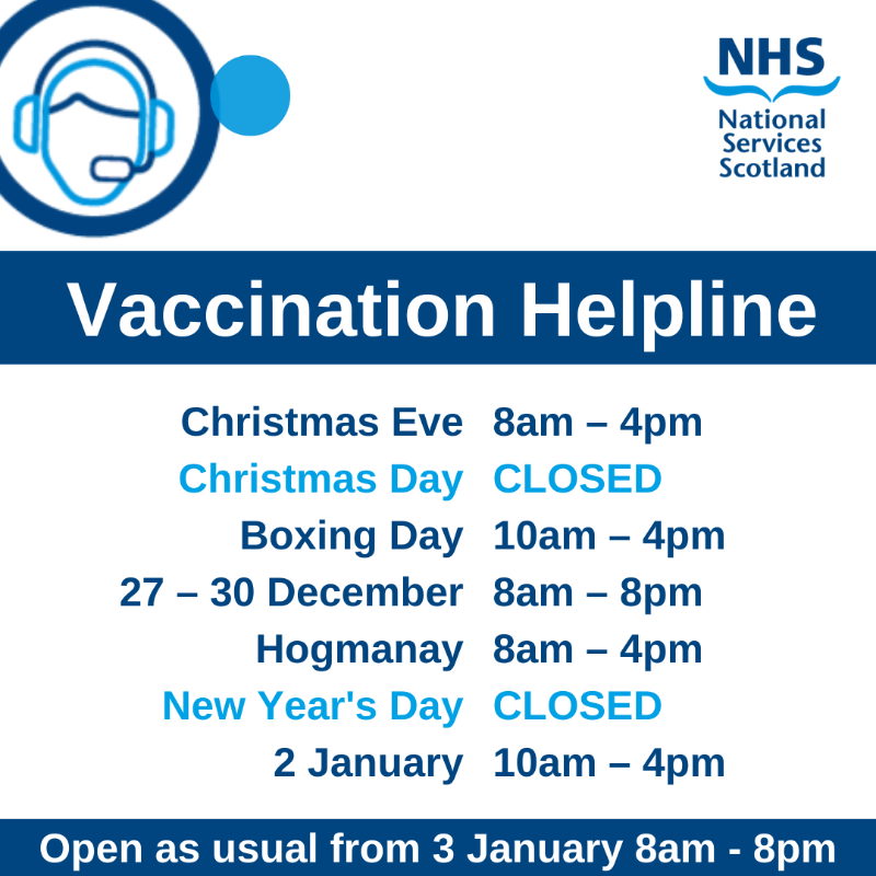PSDScotland's tweet photo. Please note our vaccination and COVID status helplines have different opening hours over the festive period 🎄

You can still book your COVID vaccine appointment online and access your COVID status when the National Contact Centre is closed