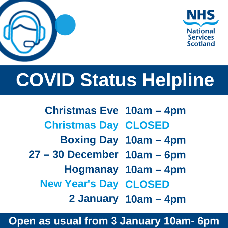 PSDScotland's tweet photo. Please note our vaccination and COVID status helplines have different opening hours over the festive period 🎄

You can still book your COVID vaccine appointment online and access your COVID status when the National Contact Centre is closed