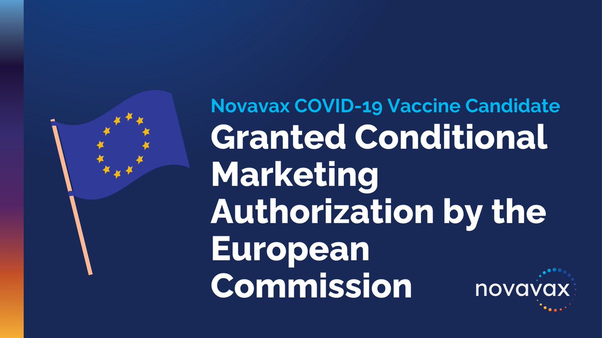 Novavax's tweet photo. The European Commission (@EU_Commission) has granted Novavax conditional marketing authorization for Nuvaxovid™ COVID-19 Vaccine (recombinant, adjuvanted) for active immunization to prevent #COVID19 caused by SARS-CoV-2 in individuals 18+. Learn more: https://t.co/mvWKILEi30 https://t.co/vRvzkMHqpR
