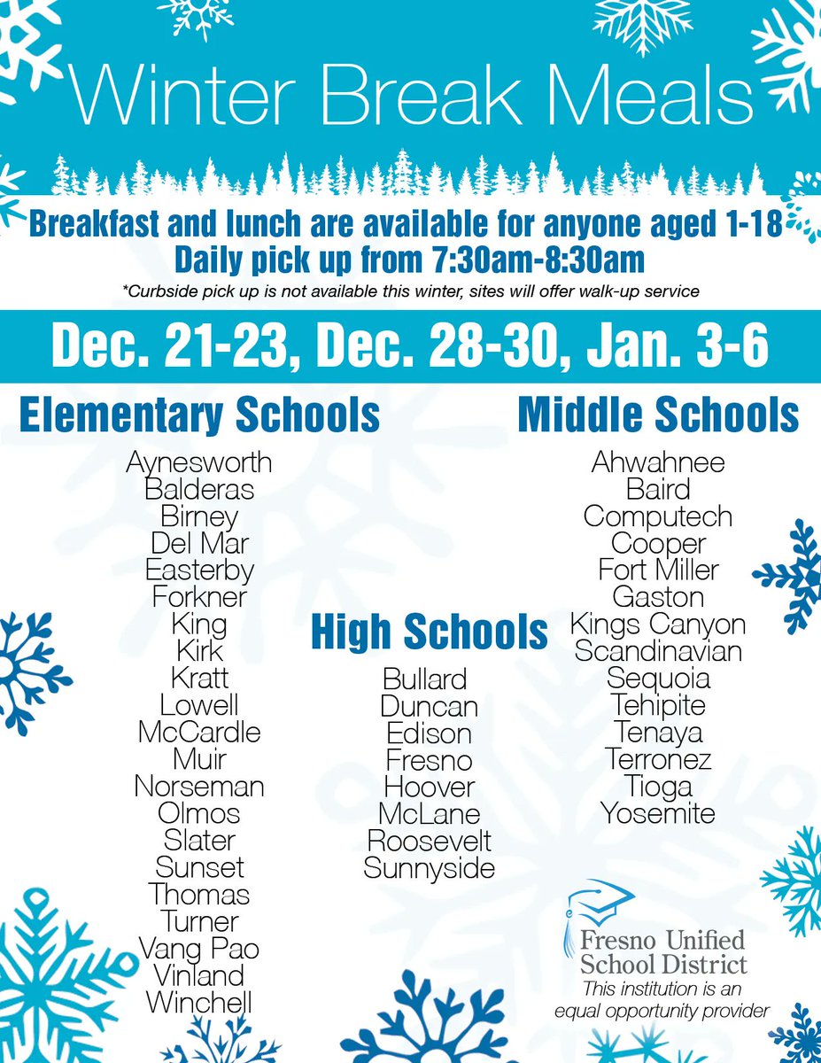 Free meals over winter break for children ages 1-18 are available for pick up at these 43 sites from 7:30am-8:30am on December 21st-23rd, December 28th-30th, and January 3rd-6th! Please share! #FUSDFamily