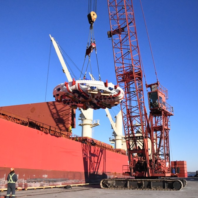AeconGroupInc's tweet photo. After a journey across the Atlantic Ocean from Germany, the Tunnel Boring Machines that will dig the Eglinton Crosstown West Extension tunnel have arrived on Canadian soil! Read more and check out the photos  -> https://t.co/kcv636Axxb https://t.co/hCr0Cbmkjw