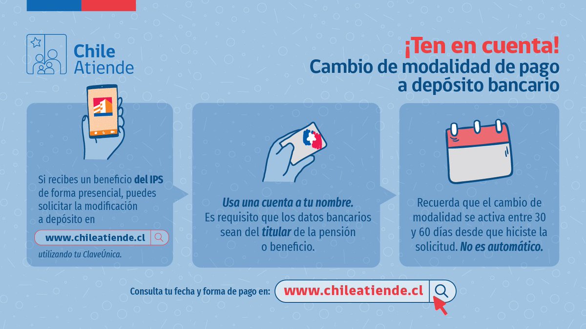 IPSChile's tweet photo. ¿Recibes un beneficio del IPS y quieres cambiar tu forma de pago, de presencial a depósito bancario?

➡ ¡Hazlo por Internet en https://t.co/32KnoilDWt! 

Y para guiarte, #TenEnCuenta estos datos 👇 https://t.co/s973H7D4ET