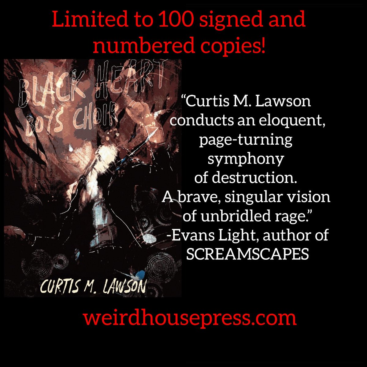 c_lawson's tweet photo. Big thanks to 
@TheEvansLight
  for this fantastic blurb.
The limited edition hardcover for BLACK HEART BOYS' CHOIR is up for pre-order. Link in bio.
#bookart #bookcover #blackheartboyschoir #horrornovel #horror #classicalmusic #musicalhorror #weirdfiction #cosmichorror https://t.co/nIVv0aqmbA