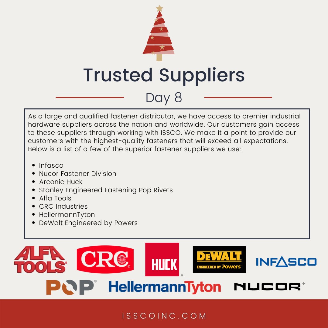 issco_inc's tweet photo. Day 8 of #12DaysofDistribution
ISSCO, INC. has access to the premier industrial hardware suppliers from all over the country, and pass along the value and high quality to our customers. https://t.co/ybMV16lxjN