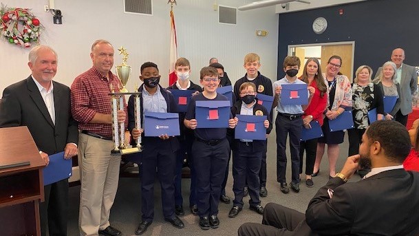 MobilePublicSch's tweet photo. The Mobile County Board of School Commissioners recognized the Denton Magnet School of Technology's A.C.E.S. Club and its sponsors on Friday. The club won first and third place in the Alabama Consortium for Technology in Education’s Team Programming Challenge. #LearningLeading https://t.co/5iqQ71VPgn