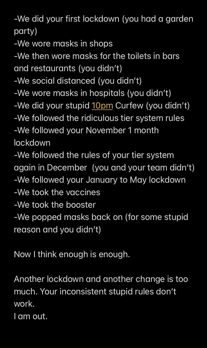 I think enough is enough. 

I honestly will not be following these new restrictions

If I want to see friends I will

If I want to see family I will

If I want to “Party like a Tory” I will

#partylikeatory