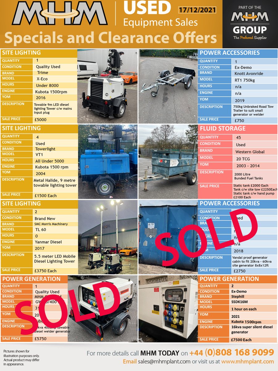 MHMLimited's tweet photo. Some last minute #gift ideas for that #specialsomeone or just spoil yourself with our #clearance #stock!
Get in touch to snap up one of these bargains 08081689099 / sales@mhmplant.com
#lightingtower #towerlight #fluidstorage #fueltank #trailer #powergenerator #dieselgenerator https://t.co/YC7AiljHRl