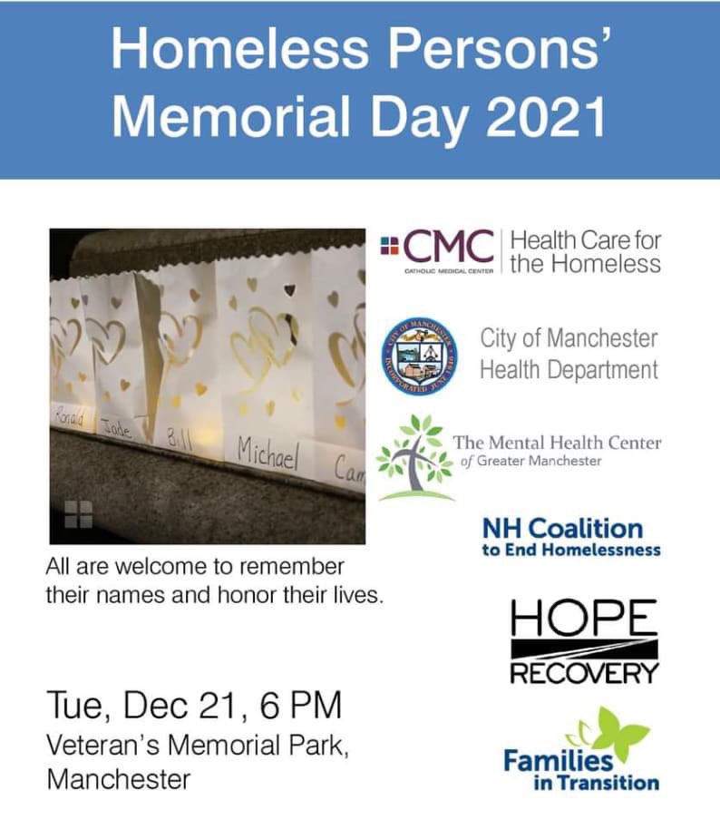 Tomorrow, Tuesday 12/21 at 6 pm at Veteran’s Park in Manchester! Bring a pair of socks to donate