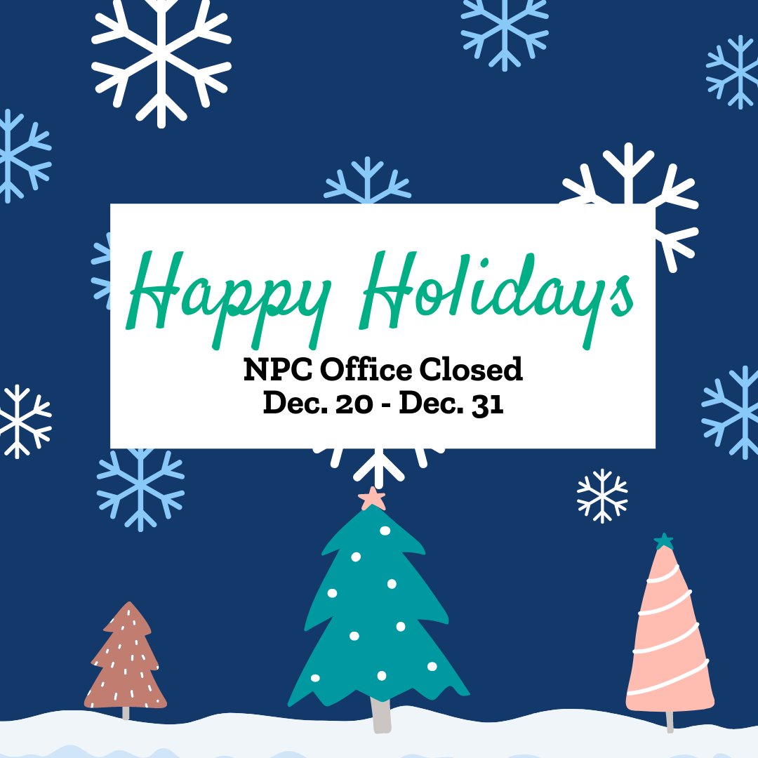 NPCWomen's tweet photo. The NPC office will be closed from Dec. 20 - Dec. 31. We will reopen at 8:30 a.m. on Monday, Jan. 3. We look forward to advancing the sorority experience with you in the new year. https://t.co/flGu03G5jL