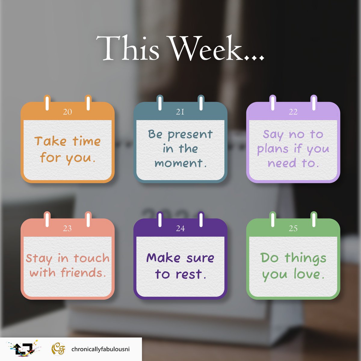 RareAdvocacy's tweet photo. This week... 
Take time for you. 
Be present in the moment. 
Say no to plans if you need to. 
Stay in touch with friends. 
Make sure to rest. 
Do things you love.

Enjoy the #endof2021. #HappyHolidays!
 
https://t.co/MKWbdOESJV

#LivingRare
#rare360
#LetsMakeASplash
#RareSPLASH https://t.co/YLgFiNB8n0