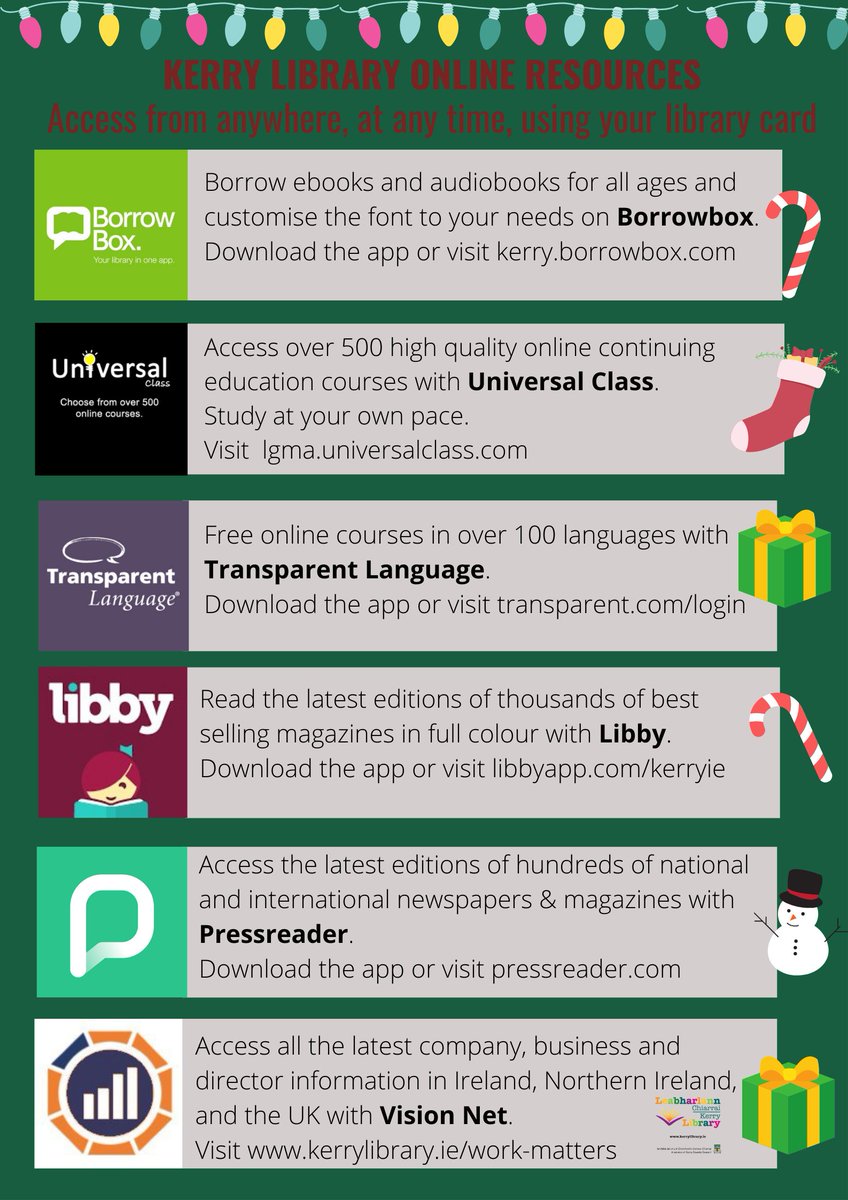 KerryLibrary's tweet photo. Our online resources are available anywhere at any time

#Borrowbox for ebooks and audiobooks
#Pressreader for newspapers and magazines
#Libby for magazines
#UniversalClass &amp; #Transparentlanguages for online learning

visit https://t.co/cKAckjVjZc for all the details https://t.co/7UYQhZM0Og