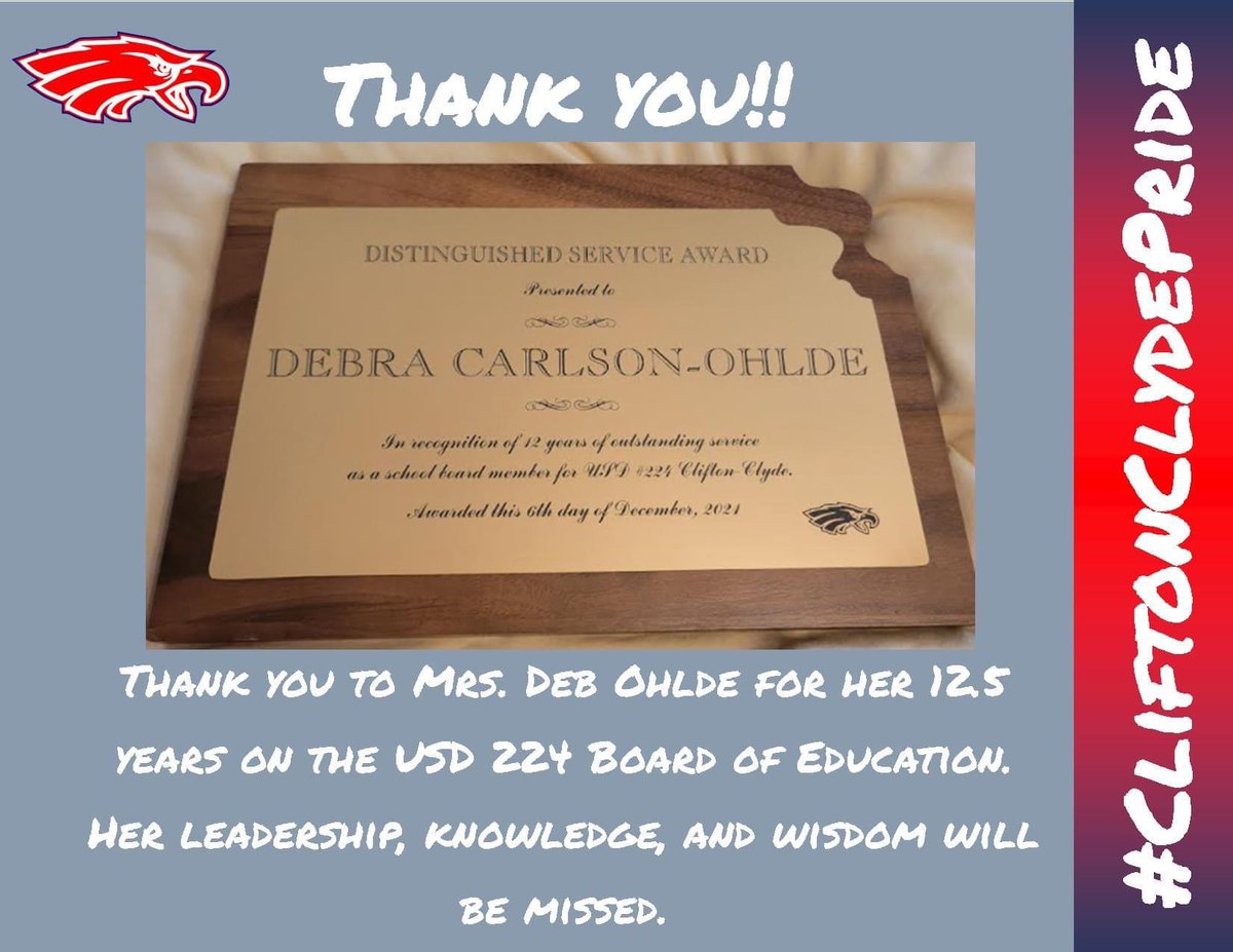 baker_kansas's tweet photo. Thank you to @DebOhlde for her work the past 12.5 years on the USD 224 BOE.  Feel free to leave a note of thanks in the comments.  
We are excited that Mrs. Audra Walter will be taking her place on the BOE on January 10, 2022. #CliftonClydePride https://t.co/e4AtWATbNE
