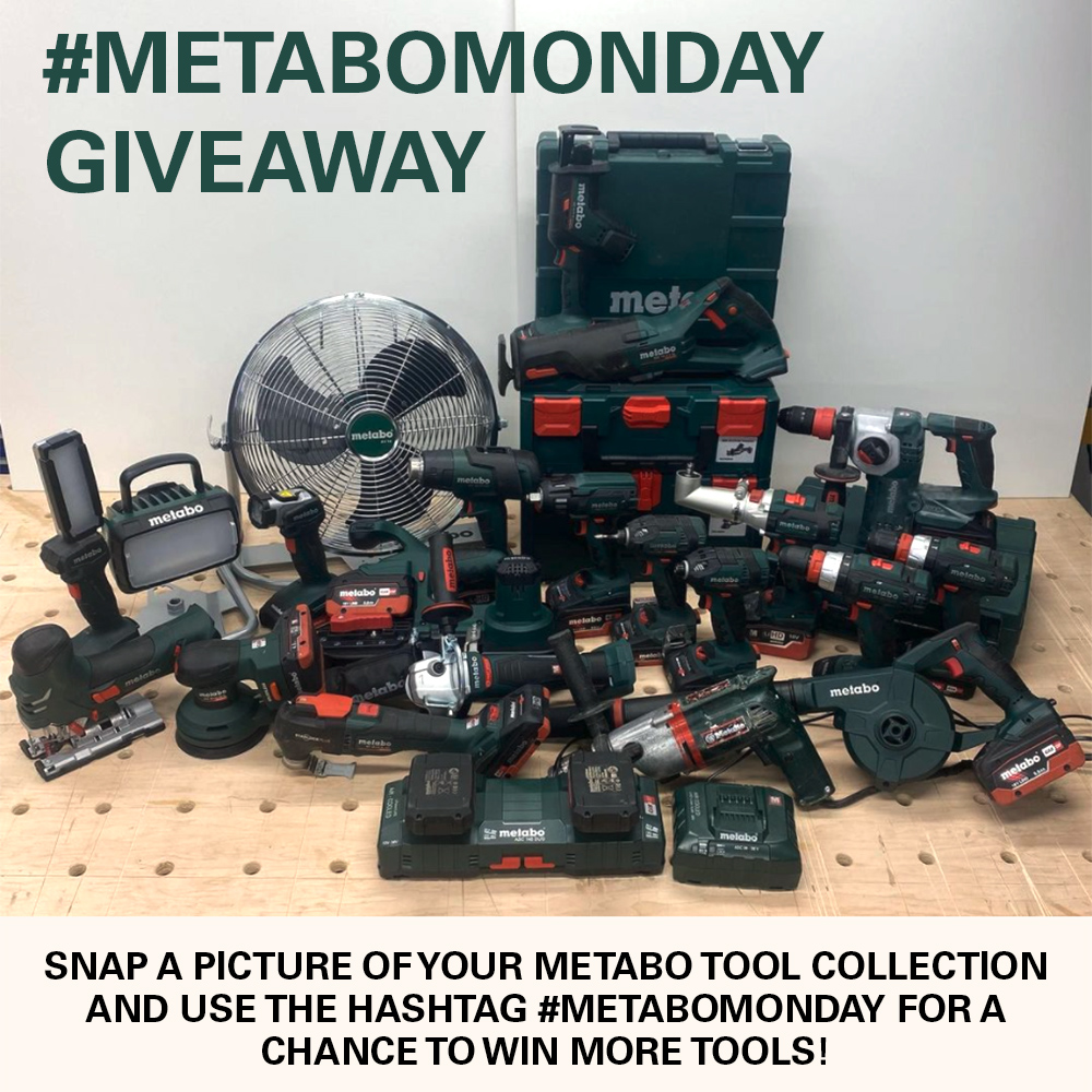 Collect all of your Metabo Tools together, Snap a picture, Post it, and Tag it #MetaboMonday for a chance to win more tools to add to the collection!

One winner will be randomly chosen on Metabo Monday Dec 27th.

Not affiliated with Instagram, Facebook or Twitter.