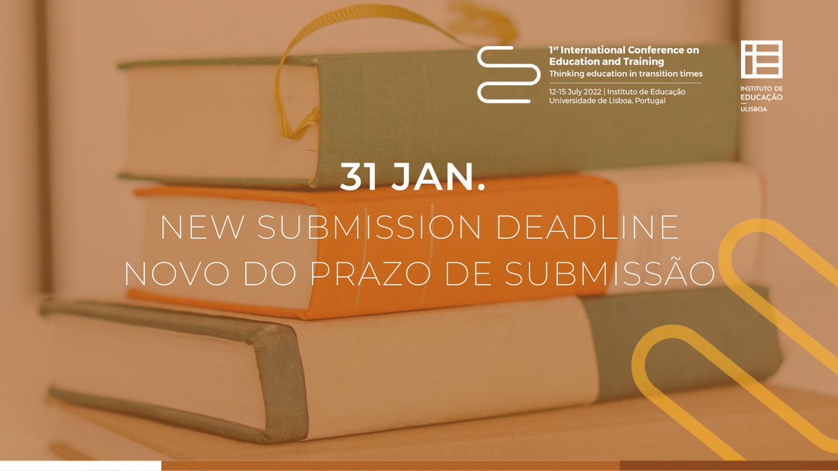 icet2022's tweet photo. 🚨 Call for Papers I New Submisson Deadline I Nova Data Limite de Submissão de Resumos

EN: Submit your proposal until 31 January 2022!

PT: Submeta o seu Resumo até 31 de janeiro de 2022!

🔗 [link in bio]

#ieulisboa #institutodeeducação #icet2022 https://t.co/fUtRLzQnwv