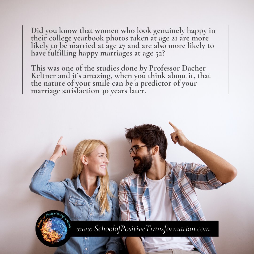 Did you know that women who look genuinely happy in their college yearbook photos taken at age 21 are more likely to be married at age 27 and are also more likely to have fulfilling happy marriages at age 52?

SchoolofPositiveTransformation.com/Positive-Psych…

#positivepsychology #psychology