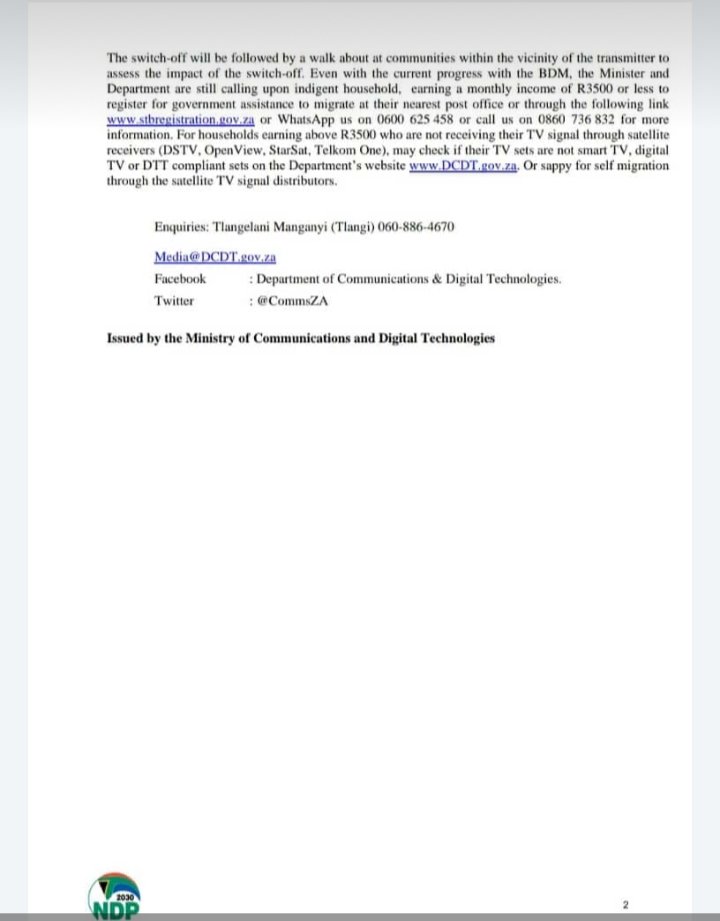 Minister  of  Communications  and  Digital  Technologies  Hon  <a href="/Khu_Ntshavheni/">Khumbudzo Ntshavheni</a>  will switch-  off the last analogue TV  transmitter  for the North West Province on 22 December  2021.